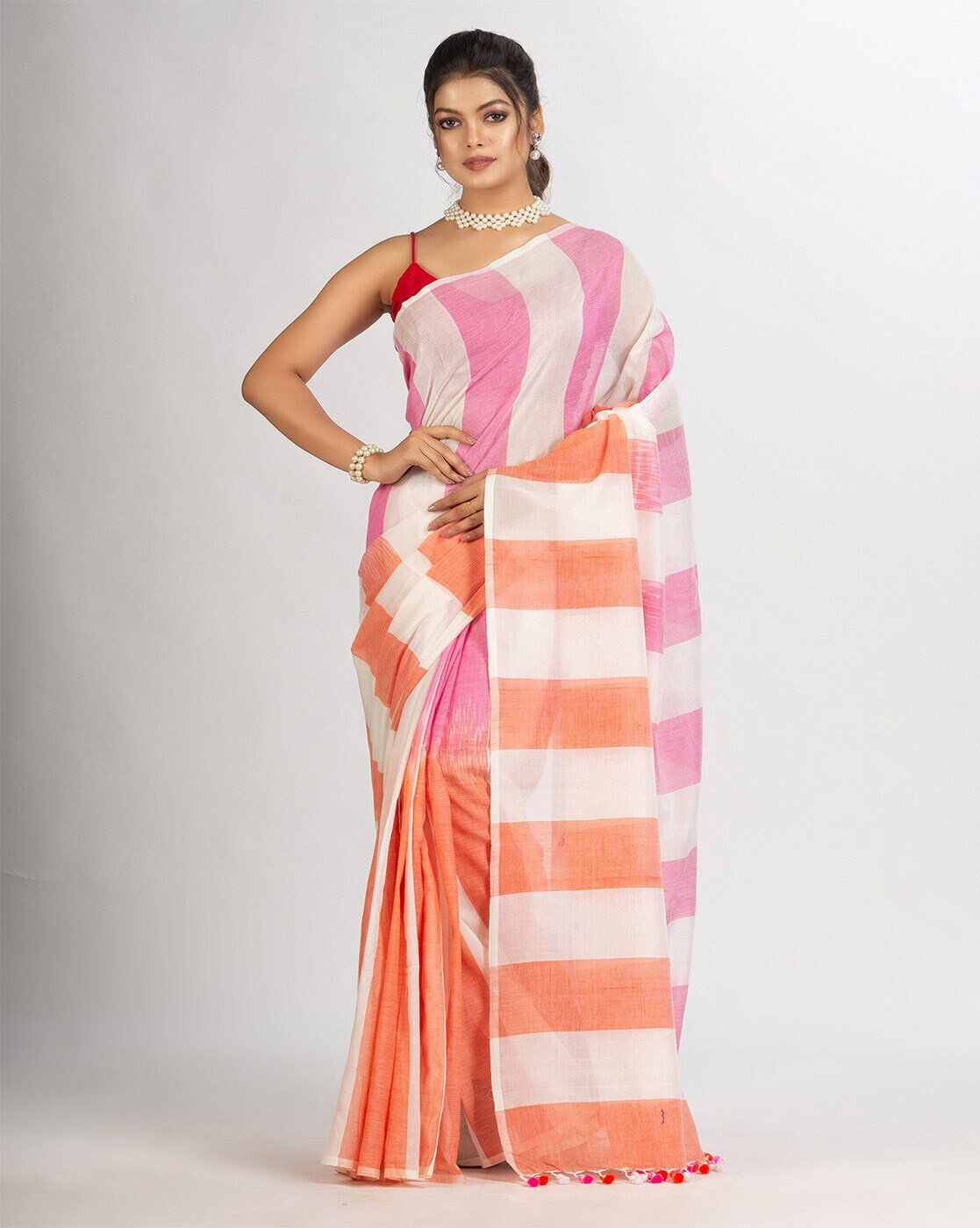 -1117Wx1400H-466162554-white-MODEL Striped Handloom Saree with Tassels - Image 1