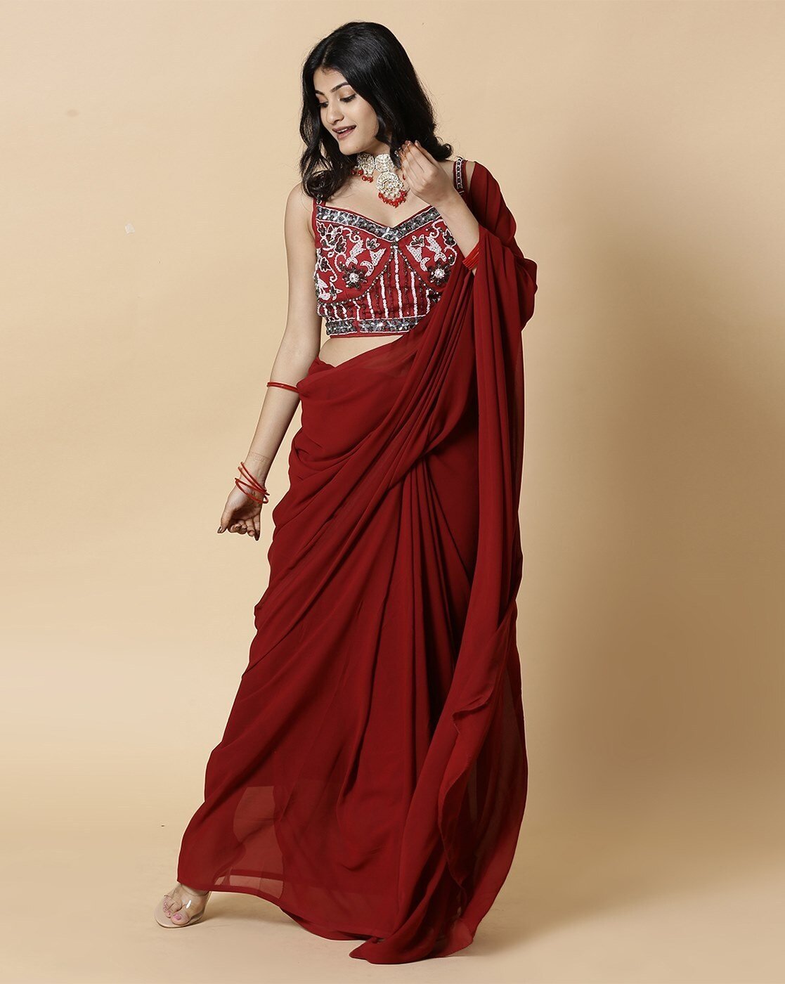 -1117Wx1400H-467234113-maroon-MODEL3 Women Georgette Saree with Embellished Blouse - Image 1