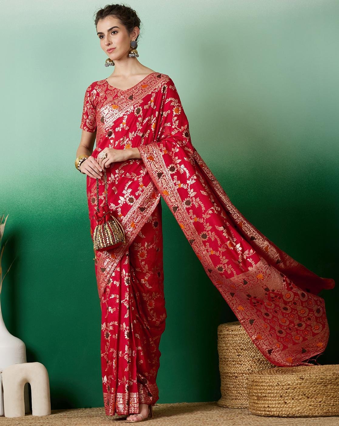 -1117Wx1400H-701180864-red-MODEL2 Women Floral Woven Saree with Contrast Border - Image 1