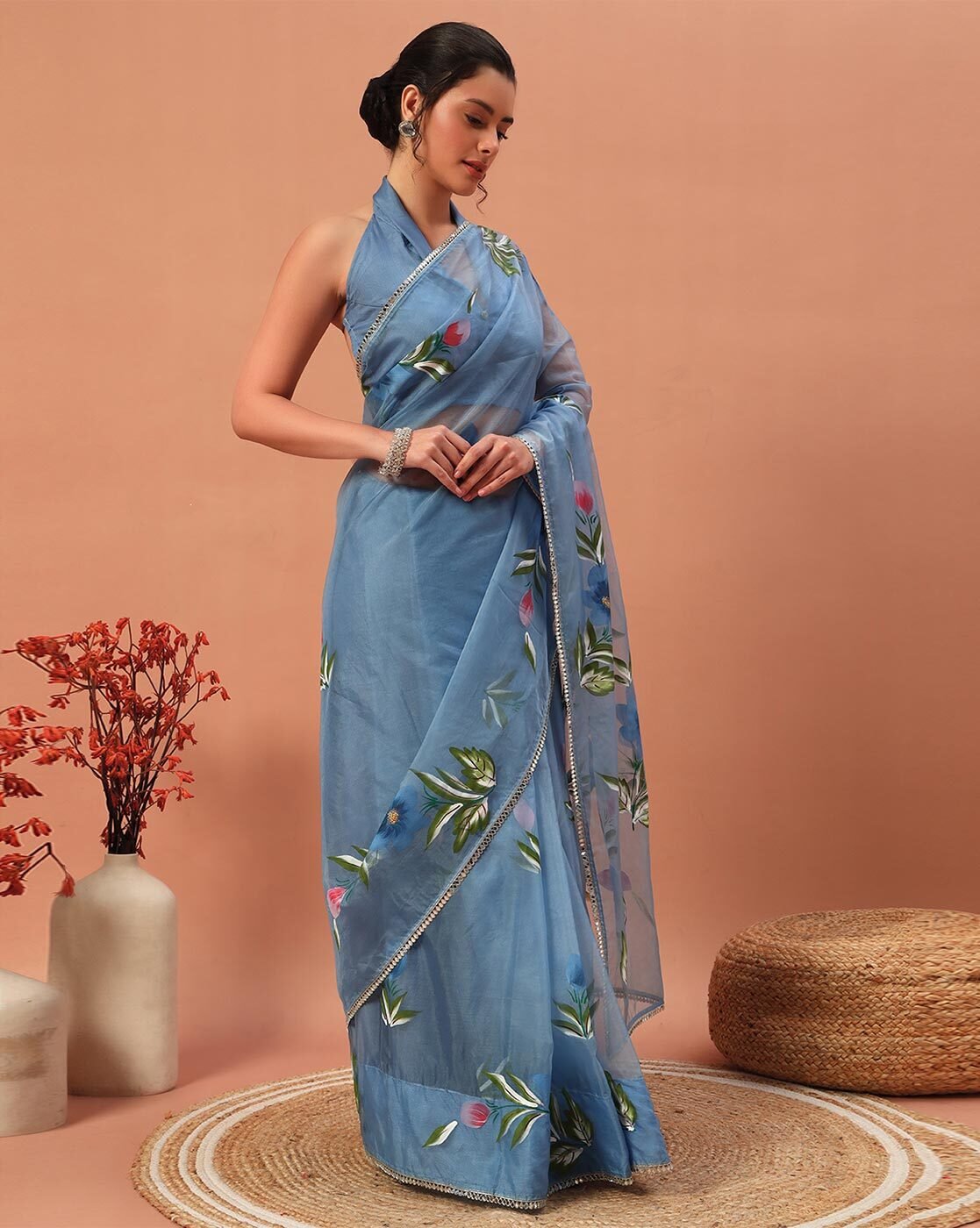 -1117Wx1400H-701202718-blue-MODEL3 Women Hand Floral Printed Organza Saree - Image 1