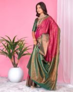 Women Floral Woven Banarasi Saree with Contrast Border - Image 2