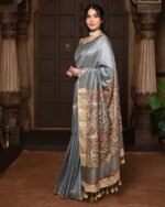 Women Handloom Cotton Silk Saree with Golden Border - Image 3